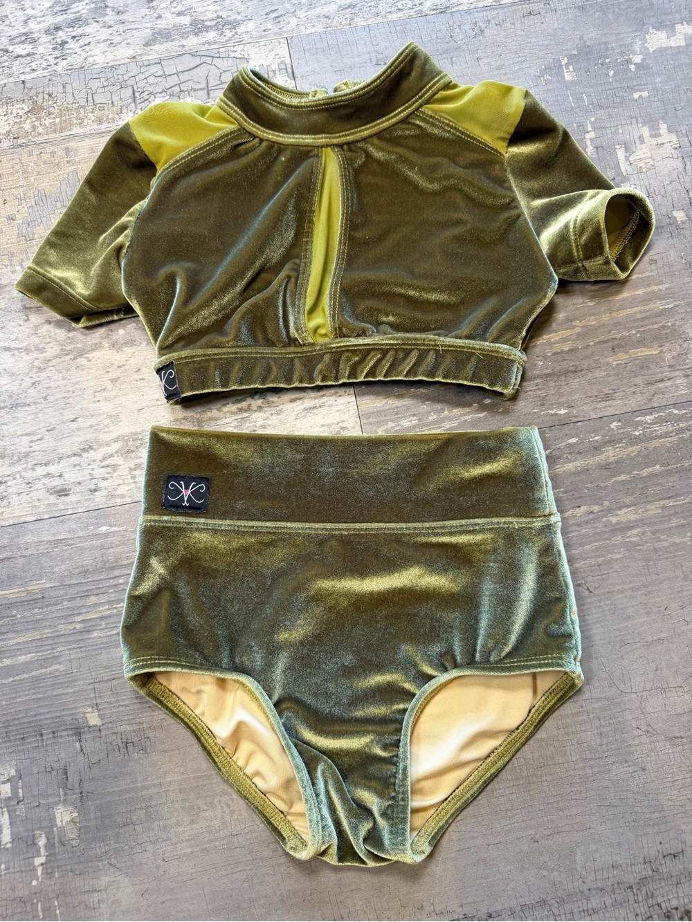 Girls Kandi Kouture 2 piece dance set olive green crushed velvet.